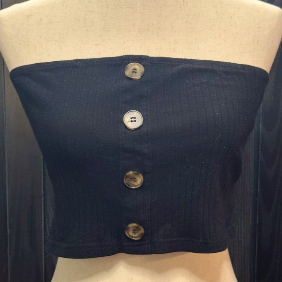 Black Ribbed Buttoned Tube Top, Size L - Picture 1 of 6